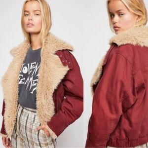 FREE PEOPLE Owen Sherpa Denim Jacket Maroon Carhartt Canvas Style Faux Fur